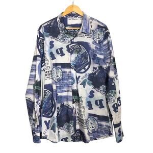 SER.O.YA Top Button Up Long Sleeve Resortwear Retro Graphic Print Blue Large